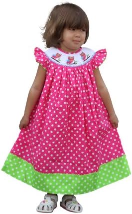 Dana Kids Pink Dots Owl Smocked Bishop Dress