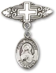 Sterling Silver Baby Badge with St. Dorothy Charm and Badge Pin with Cross. Catholic Saint Dorothy, Patron Saint of Brides, Florists, Gardeners