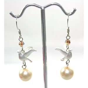 Beautiful Unique Jack E Ohs NYC 3d Dove with Pearl and Topaz Crystal Charm Earrings Silver Tone...