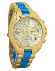 Michael Kors MK5908 Bradshaw Champagne Date Dial Gold Blue Steel Women Watch NEW