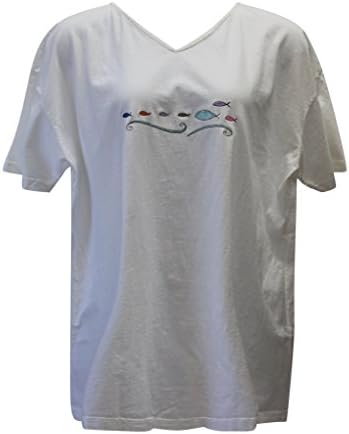 Liz and Jane Women's Line Fish Oversized V Neck Tee T-Shirt T5B (1X, White)