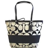 Coach Signature Stripe Zipper Tote Black White Handbag 13548