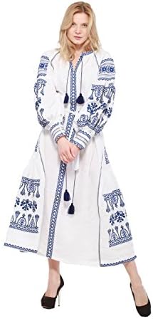 Embroidered Boho Dress White Woman. Vyshyvanka. Ukrainian embroider Vita Kin (Large)