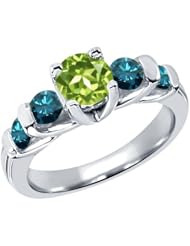 1.78 Ct Round Green Peridot Blue Diamond 18K White Gold Ring