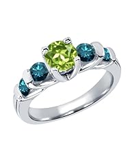 1.78 Ct Round Green Peridot Blue Diamond 14K White Gold Ring