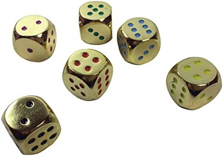 Set of 6 Solid Zinc Alloy Metal Dice (16mm) D6 (gold color with assorted color pips)