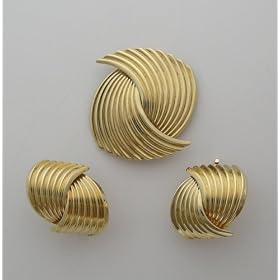 Estate 14k Yellow Gold Swirl Earrings And Pin Set, Circa 1960 by