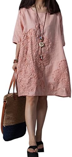 Azbro Women's Casual Demure Loose Solid Linen Dress