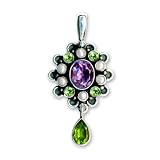 Sterling Silver Suffragette Style Pendant with 4.5 Carats of Amethyst and Peridot Gemstones, accented with Freshwater Pearls