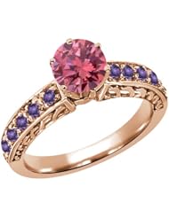 1.14 Ct Round Pink Diamond Purple Amethyst 18K Rose Gold Ring