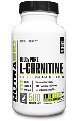 NutraBio 100% Pure L-Carnitine (500 mg) - 150 Vegetable Capsules