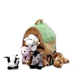 Plush Farm House with Animals- Five (5) Stuffed Farm Animals (Horse, Lamb, Cow, Pig, Grey Horse) in Play Farm House
