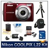 Nikon Coolpix L22 Digital Camera (Red), 12 Megapixels, 3.6x Optical Zoom (37-134mm), 3" High Resolution LCD, 8 GB Memory Card, Camera Case, and Cleaning Kit, Card Reader, and Tripod