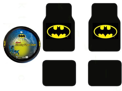  A Set of 4 Universal Fit Plush Carpet Batman Floor Mats and 1 Comfort Grip Steering Wheel Cover