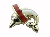 Mother Of Pearl and Red Jade Leaping Dolphin Pendant, 14k Gold