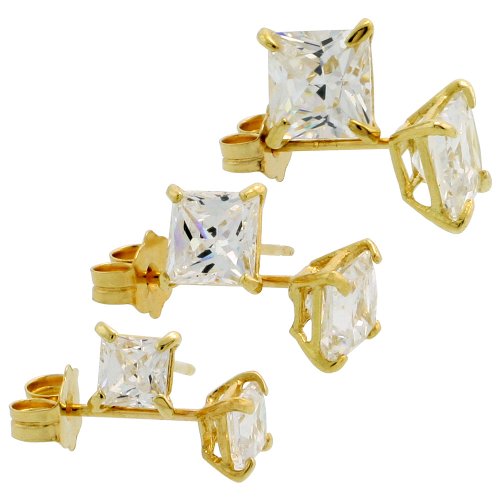 14k Gold 3mm 4mm 5mm Princess Cut CZ Stud Earrings 3-Pair Set 14k Gold 3mm 4mm 5mm Princess Cut CZ Stud Earrings 3-Pair Set