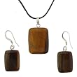 Tiger Eye Rectangle Pendant and Earring Set - Pendant 17mm x 22mm, Earrings 13mm x 18mm - Adjustable Cord Necklace