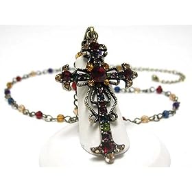 Multi Colored Crystal Cross and Beads Chain Necklace