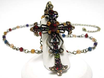 Multi Colored Crystal Cross and Beads Chain Necklace