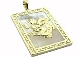 White Mother Of Pearl Sqaure Fierce Dragon Pendant with Greek Key Boarder, 14k Gold