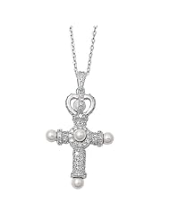 925 Sterling Silver Victorian Cross Pendant Necklace with Pearl & CZ Stones