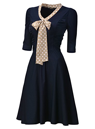 Miusol Women's Casual 3/4 Sleeve Slim Flare Bow A-line Vintage Dress