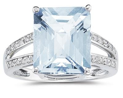 Emerald Cut Aquamarine and Diamond Ring 10k White Gold