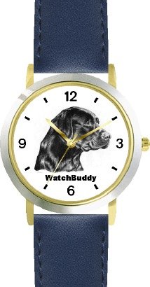 Labrador Retriever - Black (SC) Dog - WATCHBUDDY® CLASSIC DELUXE TWO-TONE THEME WATCH - Arabic Numbers-Blue Leather Strap-Size-Large ( Men