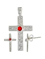 Sterling Silver Swirl-designed Latin Cross Earrings (16mm tall) & Pendant (28mm tall) Set, w/ Bezel Set Brilliant Cut Ruby-colored CZ Stones