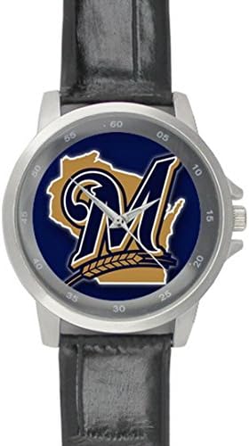 MLB Milwaukee Brewers Image Black Leather Band Wrist Watch for a Special Gift