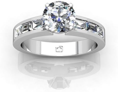 Platinum This fashionable flat shank engagement ring features six channel set Baguette Diamonds set East-West to allure and impress 3/4 CTW. This item includes a free Cubic Zirconia center in the shape shown. near-colorless Color VS1-VS2 Clarity