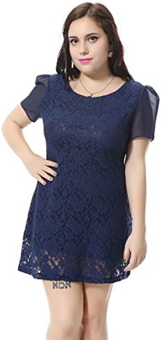 Women Round Neck Short Sleeve Pleated Lace Slim Dress with chiffon