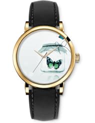 SPRAWL Aanalog Fashion Series Gold Ladies Watches of Genuine Black Leather Strap,Unique Wrist Watch for Women Girls Designed with Caught butterflies
