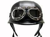 German Black Leather Motorcycle Biker Cruiser Scooter Touring Half Helmet DOT with Pilot Goggles (Medium)