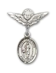 Sterling Silver Baby Badge with St. Genesius of Rome Charm and Angel with Wings Badge Pin