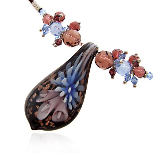 Lavender - Blue and Gold Flower in Black Drop Murano Lampwork Glass Pendant Necklace Fashion Jewelry 17''-19''
