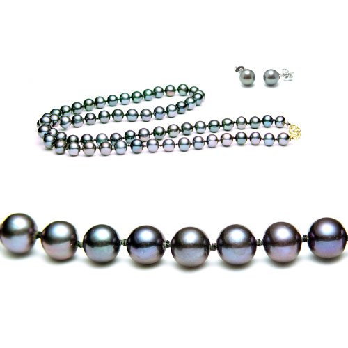 AugustinaJewelry Freshwater Cultured Pearls Set 18 Inches 1-Strand 6-7mm Black Pearl Necklace & 6-7mm Black Pearl Earrings