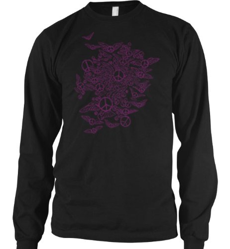 Flying Peace Signs Mens Thermal Shirt, Funky Trendy Hot Neon Peace Sign Long Sleeve Thermal, Medium, Black