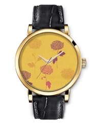 SPRAWL Aanalog Fashion Series Gold Ladies Watches of Genuine Black Leather Strap,Unique Wrist Watch for Women Girls Designed with Chrysanthemum flowers on yellow background