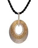 14K Yellow and White Gold Matte-Finish Oval-Shaped Pendant, Enhanced with Pave Set Diamonds, Sliding on a 16 Black Silk Cord Necklace Set with an 18K Yellow Gold Clasp.