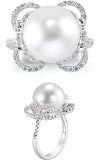 13mm Naturally Cultured White Pearl and 1/2 Carat Diamond Lotus Ring