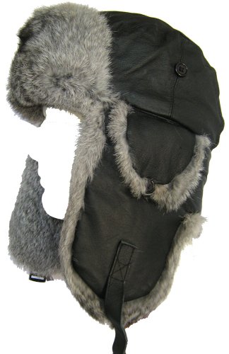 Klondike Sterling Leather Aviator Hat Rabbit Fur Trooper Winter Ski Black