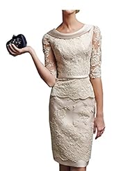 Lace Elbow Length Sleeves Sheath Short Wedding Party Dress 