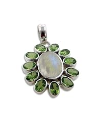 Green Flower - Genuine Rainbow Moonstone and Peridot Sterling Silver Pendant
