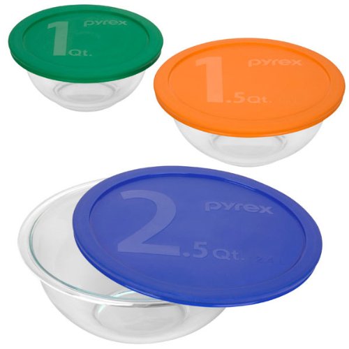Pyrex Smart Essentials 6 Piece Mixing Bowl Set with Colored Lids
