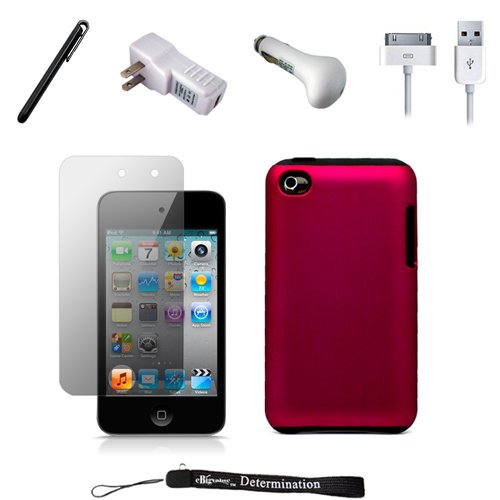 Pink Premium Crystal Rubber Skin with Hard Shell Case Cover for New Apple iPod Touch 4 ( 4th Generation 8GB 16GB 32GB ) + Includes a Anti Glare Screen Protector + Includes a USB Travel Car Charger with LED Power Indicator and Overcharge Protection + Inclu