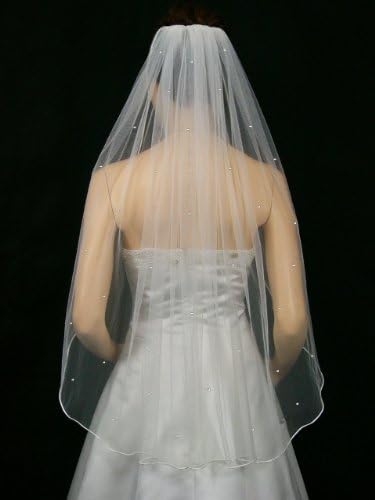 JiaFang 1T 1 Tier Rhinestones Crystal Sattin Rattail Edge Bridal Wedding Veil - White Color Fingertip Length 36 (90x90, White)