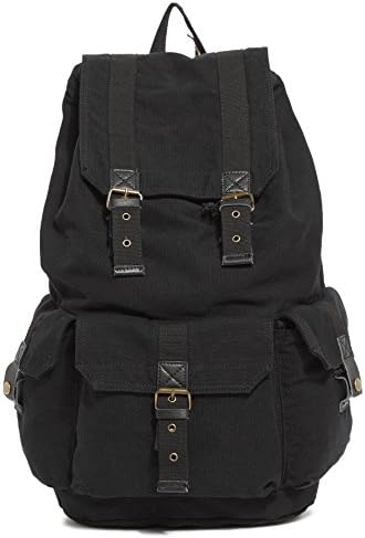 VANZ Canvas Leather Trim Hiking Camping Military Backpack School Bag Black