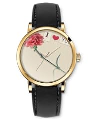 SPRAWL Aanalog Fashion Series Gold Ladies Watches of Genuine Black Leather Strap,Unique Wrist Watch for Women Girls Designed with red carnation