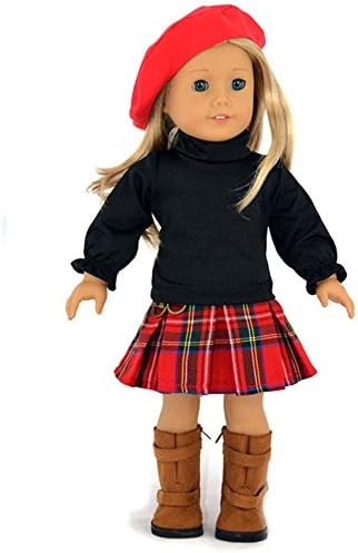 Shotita 3pc Red Hat Black Top Grid Skirt School Outfit for 18 Inch American Girl Doll Clothes clothing